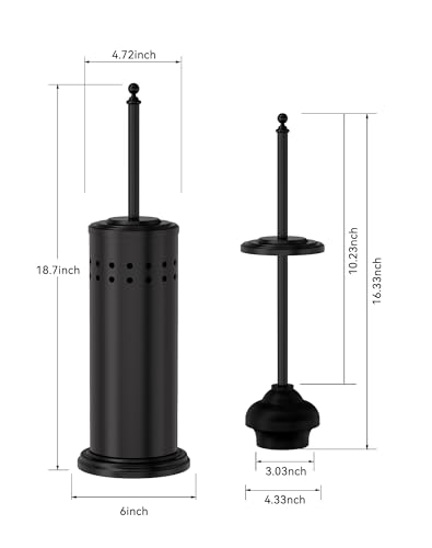 Dowry Toilet Plunger with Holder for Bathroom Black 18.7In | Hidden Toilet Bowl Cleaners Long Handle with Cover Powerful Force Suction Cup Heavy Duty Deep Cleaning