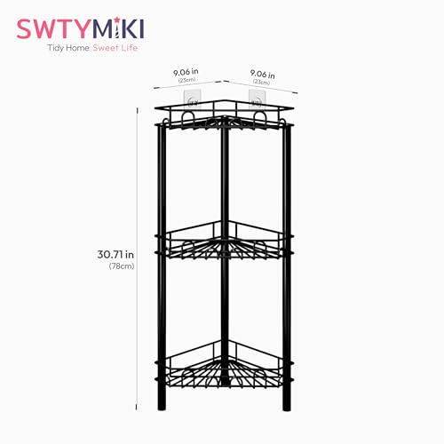 Standing Shower Caddy Corner - 3‑Tier Stainless Steel Shower Organizer Shelf with 12 Hooks and Adhesive Pads, Rustproof Corner Shelves Stand Rack for Bathroom Shower Room, Black