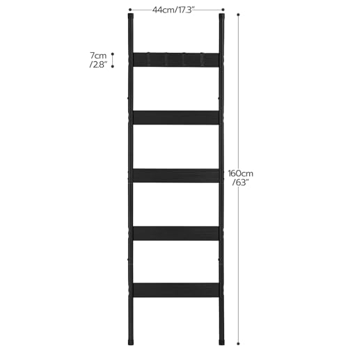 HOOBRO Blanket Ladder, 5-Tier Towel Rack with Hooks, Wall-Leaning Blanket Rack, Decorative Display Ladder Shelf, Scarves, Industrial, Living Room, Bedroom, Black BB52CJ01