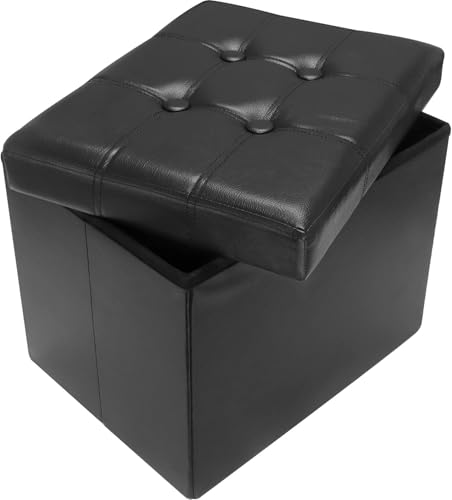 Ottoman with Storage, 17" Folding Leather Foot Res... (Black | Engineered Wood)