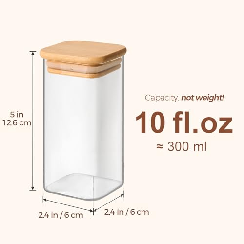 ComSaf Glass Spice Jars with Labels 10 oz 6 Pack Large Square Bamboo Lids | Empty Containers, Seasoning Herbs Powders, Salt Pepper Chili, Kitchen Cabinet Storage Starter Set, Dry Goods