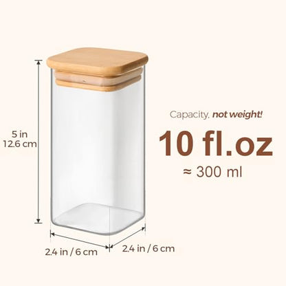 ComSaf Glass Spice Jars with Labels 10 oz 6 Pack Large Square Bamboo Lids | Empty Containers, Seasoning Herbs Powders, Salt Pepper Chili, Kitchen Cabinet Storage Starter Set, Dry Goods