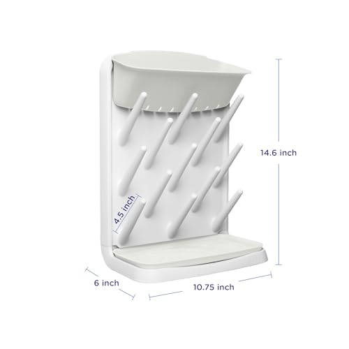 Ubbi Vertical Baby Bottle Drying Rack, Space Saving Countertop Bottle Dryer | 13-Peg Bottle Drying Rack Removable Drain Tray, Baby Organizer for Pump Parts, Pacifiers & Accessories, Dishwasher Safe, Oat