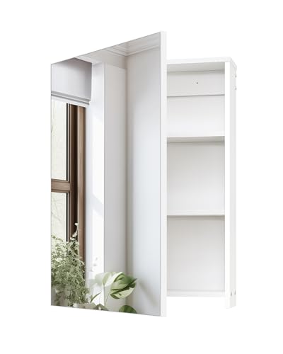 Bathroom Medicine Mirror Cabinet, 17.7'' x 23.6'', Wall-Mounted Bathroom Vanity with Mirror, Bathroom Medicine Cabinet with Storage Function, Hanging Storage Cabinet, Adjustable Shelves, White