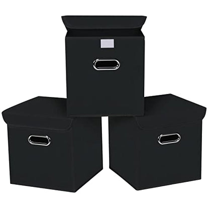 Closet Organizers Fabric Storage Bins With Lids Collapsible Cube Storage Organizer Basket With Handles,Storage Boxes for Clothes Storage,Office,Toys,3 Pack,（Black