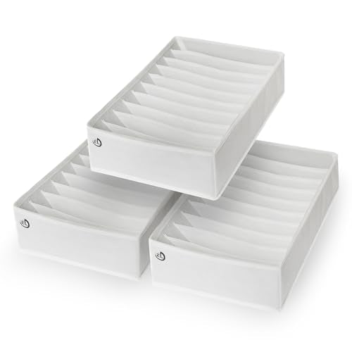 Drawer Organizer Clothes - 3 Set Multipurpose Dresser Drawer Organizer for Adults & Kids, Closet Foldable 10 Cells per Organizer - Non-Woven Fabric, T-Shirts, Baby Clothes, Shorts Organizer - White