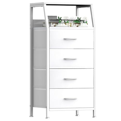 4 Drawers Small Fabric Dresser for Bedroom, Tall Dorm Nightstand | Vertical Storage Tower Closet Organizer, Skinny Narrow Bedside Table for Entryway, Steel Frame, Wooden Top