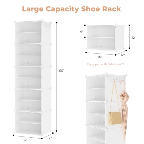 Shoe Rack 10 Tier Shoe Storage Cabinet with Door 20 Pair Tall Shoes Rack Organizer Free Standing Expandable Stable Plastic Easy Assembly Shoes Shelf for Closet Hallway Entryway Bedroom White