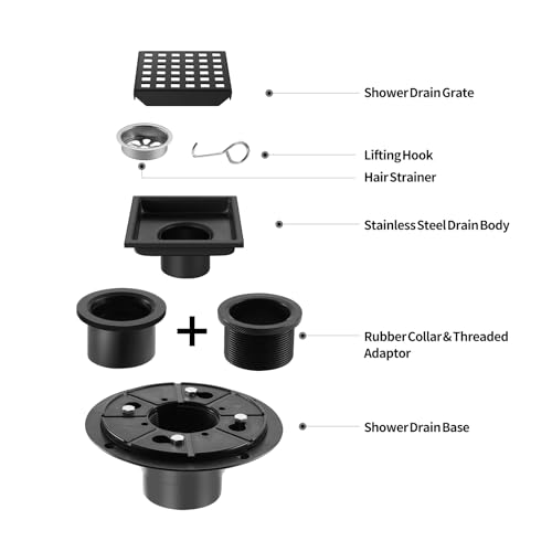Shower Drain, Matte Black 4 inch Square Shower Floor Drain with Flange, Removeable Grid Panel SUS 304 Stainless Steel Square Shower Drain