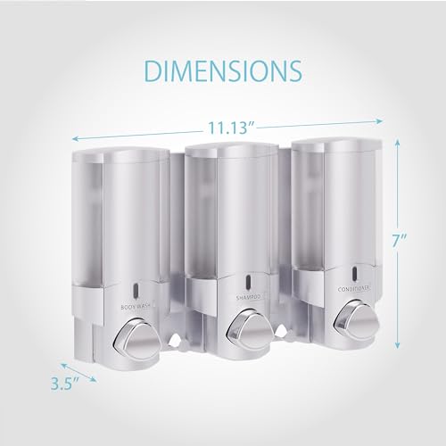 Better Living Aviva Wall Mount Shower Dispenser, 3 x 11 oz, Satin Silver | 3 Chamber, Shower Dispenser for Bathroom, Built-in Hooks, No Drill, Waterproof Dispenser Pump