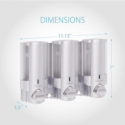 Better Living Aviva Wall Mount Shower Dispenser, 3 x 11 oz, Satin Silver | 3 Chamber, Shower Dispenser for Bathroom, Built-in Hooks, No Drill, Waterproof Dispenser Pump