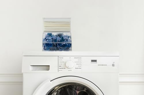 Inevibe Laundry Pod Holder & Dryer Sheet Dispenser with Lids, 2 Compartment | Acrylic Container for Storing Detergent Tablets, Clothes Pins, Dishwasher Pods for Laundry Room Organization