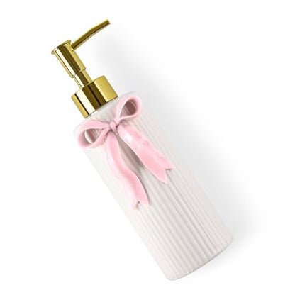 Handmade Ceramic Bow Soap Pump Dispenser Hand Lotion Liquid Dispenser Refillable for Kitchen and Bathroom Decorative (Ribbon Pink)