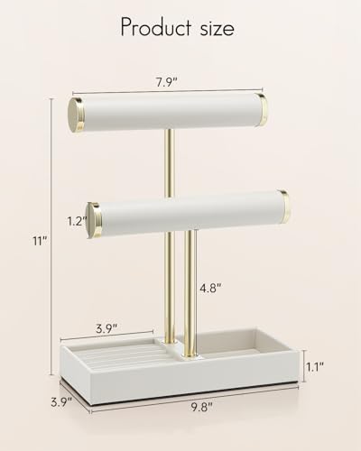 VLANDO 2 Tier Bracelet Holder with Tray - Leather Jewelry Stand Organizer for Women - Necklace Holder Display for Necklace, Watches, Rings, Earrings, Bangle, Scrunchie - White