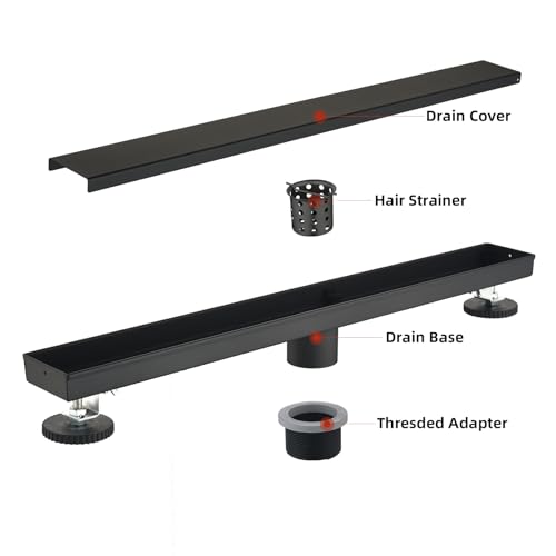 Linear Shower Drain with Tile Insert Panels, 24 Inch Black 304 Stainless Steel Rectangle Shower Floor Drain, with Hair Catcher, Adjustable Feet, Fits Bathroom, Balcony