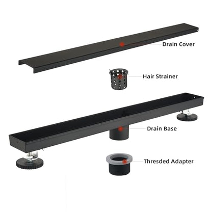 Linear Shower Drain with Tile Insert Panels, 24 Inch Black 304 Stainless Steel Rectangle Shower Floor Drain, with Hair Catcher, Adjustable Feet, Fits Bathroom, Balcony