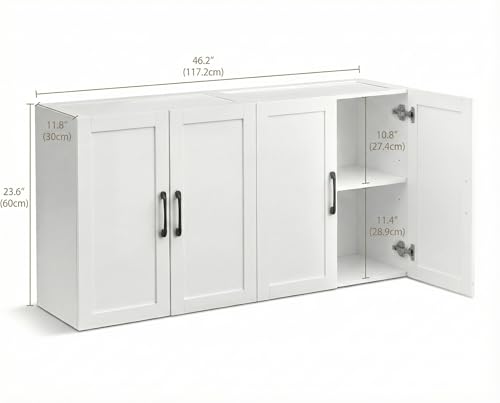 Wall Cabinet with Adjustable Shelves, Laundry Room Cabinet with 4 Doors, Kitchen Storage Cupboard Cabinet, Wall Mount Medicine Cabinet for Bathroom, Living Room, White