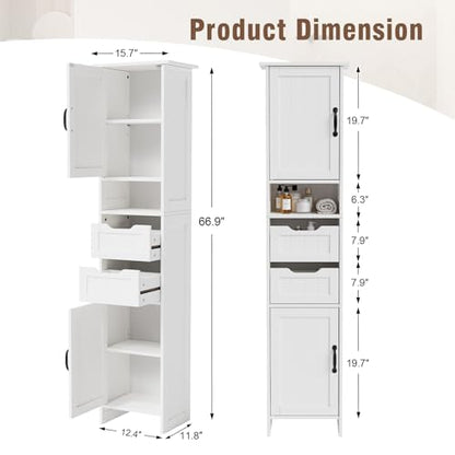 67" Tall Bathroom Storage Cabinet, Narrow Bathroom Cabinet with 2 Doors, 2 Drawers and 2 Adjustable Shelves, Slim Storage Cabinets for Kitchen, Living Room, Entryway, White