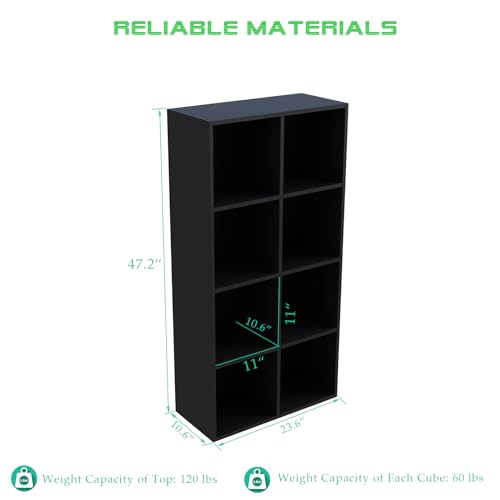 8-Cube Storage Shelf Bookcase, Black | Wooden 4-Tier Open Bookshelf, Fits 11×11" Bins, Vertical or Horizontal Use, Full Back Panels, For Home Office