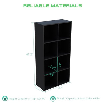 8-Cube Storage Shelf Bookcase, Black | Wooden 4-Tier Open Bookshelf, Fits 11×11" Bins, Vertical or Horizontal Use, Full Back Panels, For Home Office