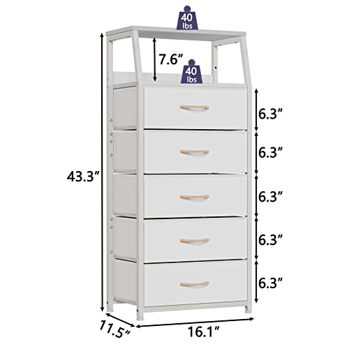 White Tall Dresser for Bedroom, 5 Fabric Bins Tall Nightstand | Dorm Dresser, Vertical Storage for Closet, Chest of Drawer for Entryway, Nightstand Bedside Table, Metal Frame,Wood Top