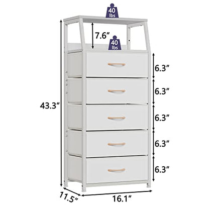 White Tall Dresser for Bedroom, 5 Fabric Bins Tall Nightstand | Dorm Dresser, Vertical Storage for Closet, Chest of Drawer for Entryway, Nightstand Bedside Table, Metal Frame,Wood Top