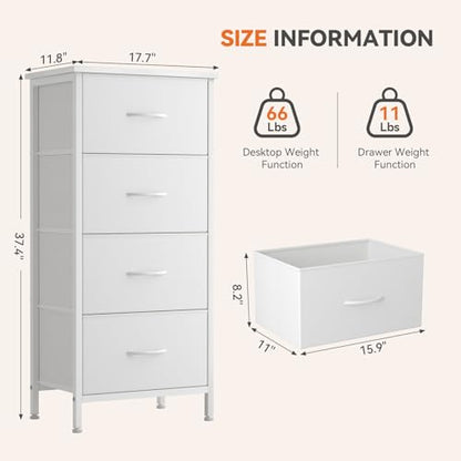 Sweetcrispy Dresser for Bedroom, 4 Drawer Storage Cabinet, Tall Nightstand | Small Fabric White Dresser for Closet, Chest of Drawers, Closet Organizer, Home Furniture, Sturdy Frame