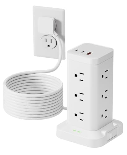 Power Strip Tower with Surge Protector 1800J, Fast Charging Tower PD20W USB-C Ports with 12 AC Outlets, Extension Cord for Home Office Dorm Room, 10ft, White