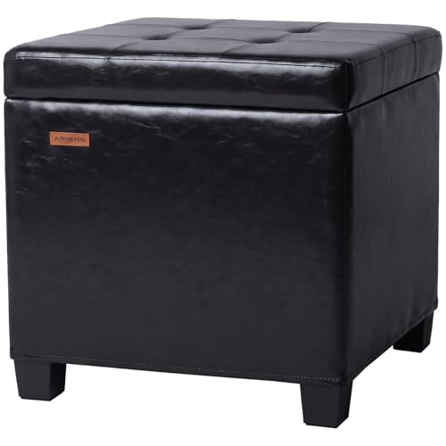 ABHENG Synthetic Leather Cover Steel Frame Ottoman with 48L Storage,17.7" x 17.7" x 17.7" Square Storage Ottoman Stool Cube with Legs,for Dorm Livingroom Black UASND63B