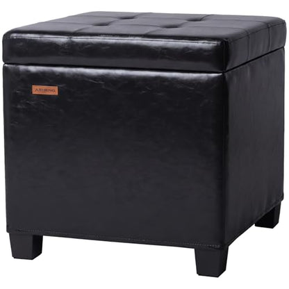 ABHENG Synthetic Leather Cover Steel Frame Ottoman with 48L Storage,17.7" x 17.7" x 17.7" Square Storage Ottoman Stool Cube with Legs,for Dorm Livingroom Black UASND63B