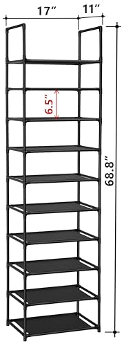 FIDUCIAL HOME 10 Tiers Shoe Rack Organizer 20 Pairs Tall Shoe Shelf | Tall Narrow Space Saving for Closet Entryway Dorm, Easy to Assemble, 17"L x 11"W x 68.8"H, Black