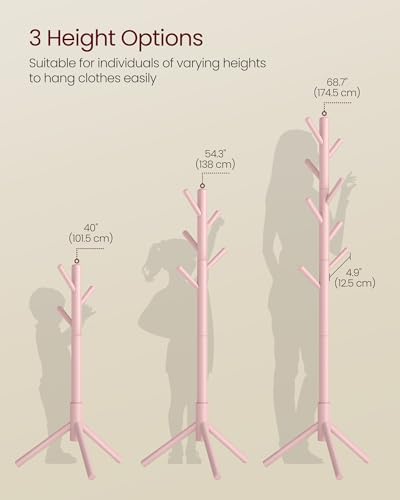 VASAGLE Solid Wood Coat Rack, Free Standing Tree-Shaped Coat Rack with 8 Hooks, 3 Height Options, for Clothes, Hats, Bags, Living Room, Bedroom, Home Office, Jelly Pink URCR004R01
