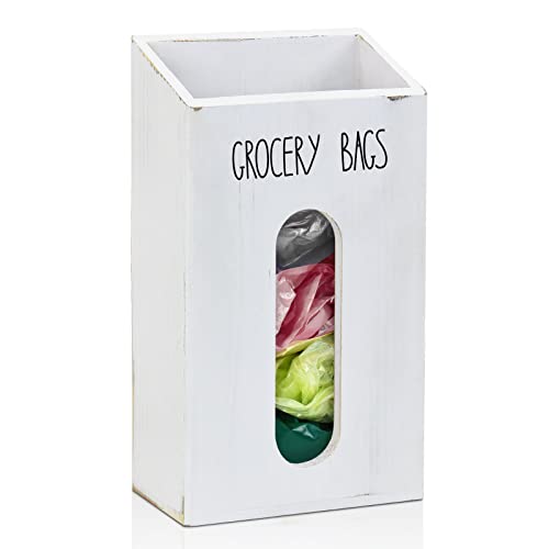 Farmhouse Grocery Bag Holder for Kitchen, Wooden Plastic Bags Holder for Supermarket shopping carrier Recycle, Wall Mounted Garbage Bag Dispenser with Extra-Wide & Easy-Access Openings, White