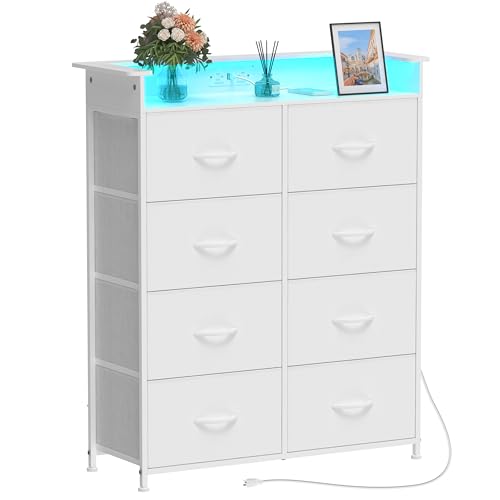 White Dresser for Bedroom with Power Outlets and LED Lights Narrow 8 Fabric Drawers Dressers Tall Storage Tower Unit for Entryway Closet Hallway Living Room Sturdy Steel Frame Wooden Top
