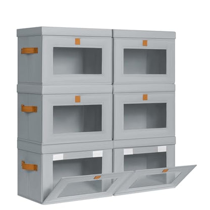 DIMJ Storage Bins with Lids - 6 Pack Front Opening Stackable Fabric Storage Boxes with Clear Window & Handles, Collapsible Closet Organizers for Clothes, Sweaters, Shelf Storage, Bedroom, Gray