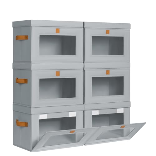 Storage Bins with Lids - 6 Pack Front Opening Stac... (6 Count | Gray | Fabric)