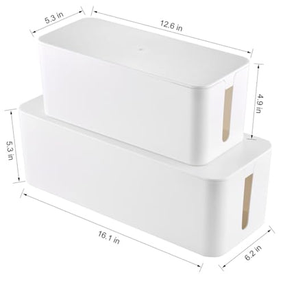 Cable Management Box, 2 Pack Large & Medium Cable Organizer Box with 17 PCS Cable Management Set, Cord Organizer Box to Hide Surge Protector on Desk or Floor (White)
