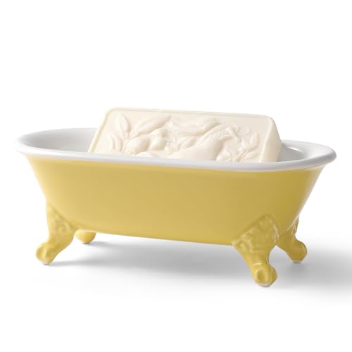 6.5" Ceramic Mini Decorative Clawfoot Bathtub Bar Soap Dish, Kitchen Sponge Holder and Shower Tray for Bathroom, 1 Pack(Yellow)