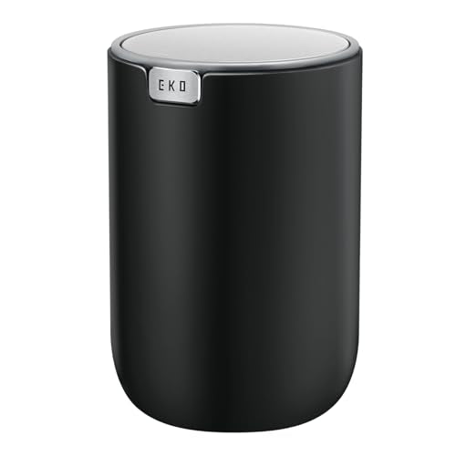 EKO Fandy 0.4 Gal/1.5L Mini Tabletop Trash Bin with Swing-Lid, Desktop Trash Can for Bathroom Countertop, Vanity, Coffee or Office, Small Garbage Bin (Black)