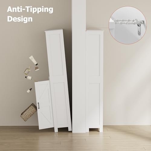67" Tall Bathroom Storage Cabinet, Bathroom Floor Cabinet | Freestanding Farmhouse Cabinet with Doors and Adjustable Shelf, Linen Cabinet for Bathroom, Living Room, Laundry Room, White