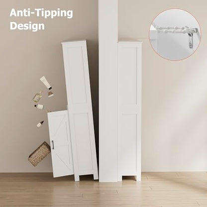 67" Tall Bathroom Storage Cabinet, Bathroom Floor Cabinet | Freestanding Farmhouse Cabinet with Doors and Adjustable Shelf, Linen Cabinet for Bathroom, Living Room, Laundry Room, White