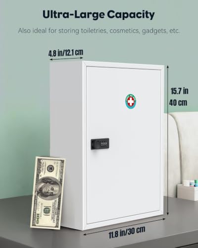 Uniclife Locking Medicine Cabinet, Medication Lock Cabinet with Code | wall mount medicine organizer, security lock with keys, sturdy steel construction, large capacity box for home, office&school