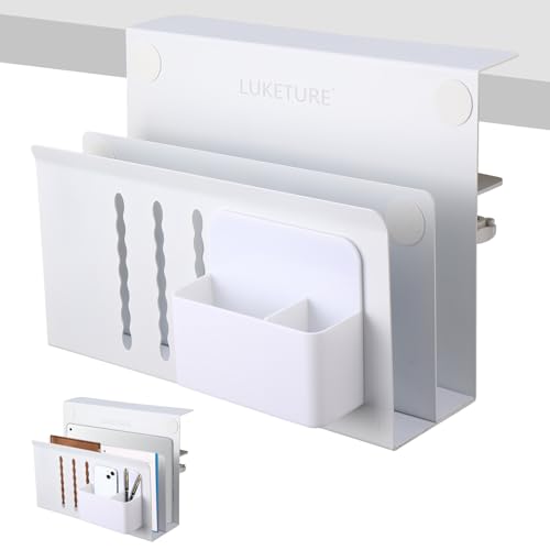 LUKETURE Desk Side Storage, 2 Tier Under Desk Laptop Mount with Pen Slot | Sturdy Steel Double Tier Strong, Magnetic Pen Holder, No Drill Clamp for Standing Desk Organizer, Fits 0.3-2.8" (White)