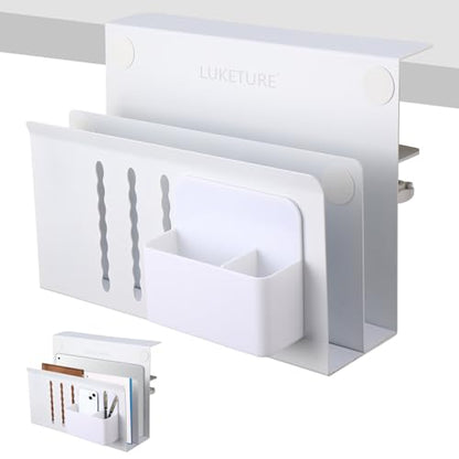LUKETURE Desk Side Storage, 2 Tier Under Desk Laptop Mount with Pen Slot | Sturdy Steel Double Tier Strong, Magnetic Pen Holder, No Drill Clamp for Standing Desk Organizer, Fits 0.3-2.8" (White)