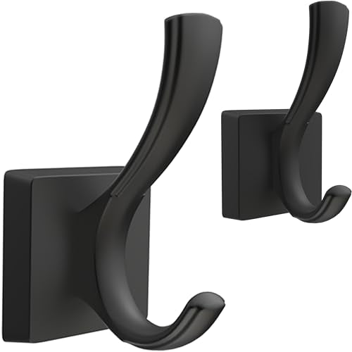 TOFIIGREM Black Towel Hooks, Coat Robe Hooks Bathroom Entryway Mudroom Pool Hooks for Wall Mount Hanging Towels Bathrobe Key Hat Backpack (2 Pack, Black)