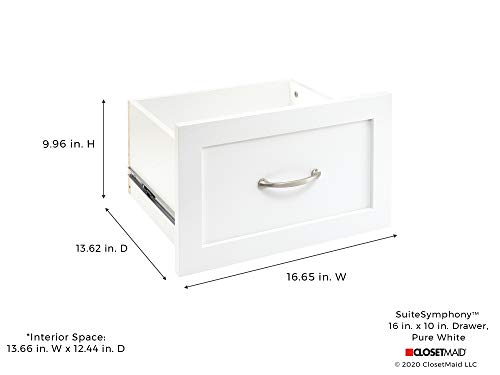ClosetMaid SuiteSymphony Wood Closet Drawer, Add On Accessory, Shaker Style, For Storage, Closet, Clothes, 16.65” x 9.96” Size for 16 in. Units, Pure White