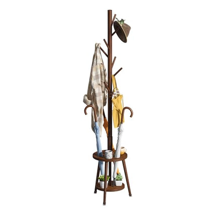 Freestanding Coat Rack with Umbrella Organizer Tray Bamboo Coat Tree Rack with 8 Hook Stand for Clothes Bag Hats Entryway Hanger Stand(Brown)