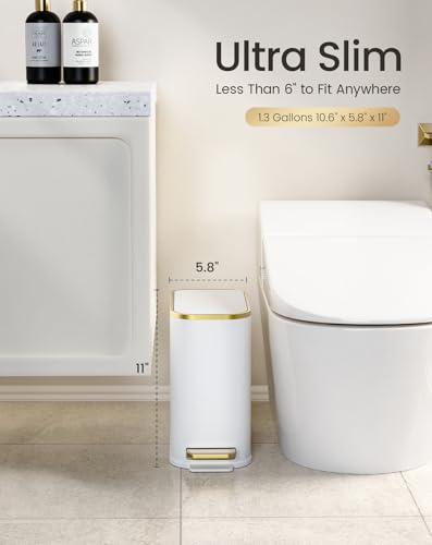 Cesun Small Bathroom Trash Can with Gold Grimmed Lid & Pedal, 1.3Gal, White | Soft Close Lid, Removable Inner Bucket, Slim Stainless Steel Waste Basket for Home Office, Included 5 Trash Bags, Hidden Bags