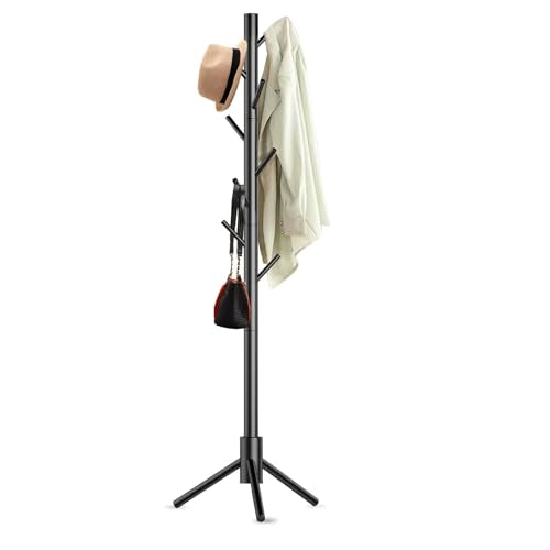 Wooden Coat Rack Stand, Freestanding Coat Rack with 8 Hooks, 3 Adjustable Size Coat Tree for Hats, Coats, Scarves bags, Coat Hanger Stand Used in Bedroom/Office/Entryway (Black)