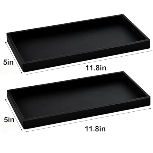 2PCS 11.8” L x 5” W Silicone Soap Dispenser Tray, Bathroom Sink Vanity Trays for Dresser Tops, Toilet, Small Black Tray for Scrubber, Lotion Bottles, Perfume, Jewelry, Candle, Key Trinket Ring-Black